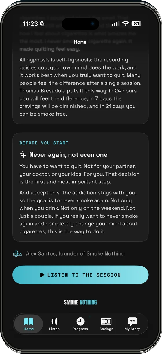 Smoke Nothing app showing the self-hypnosis session and quit-smoking guidance