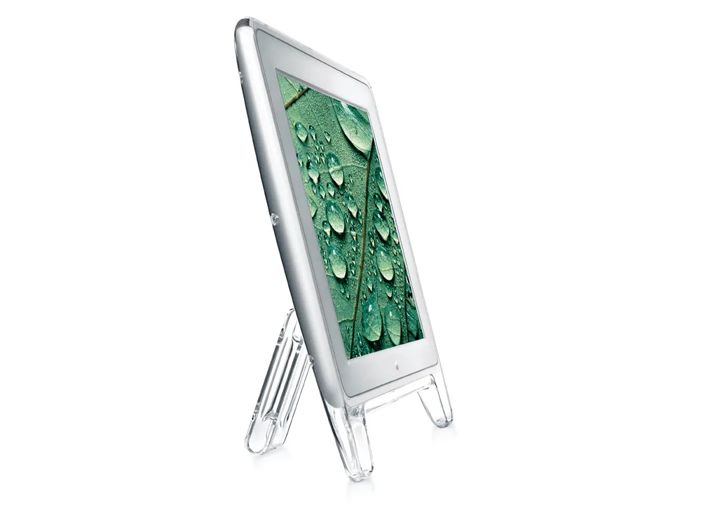 Apple Cinema Display on its clear easel stand