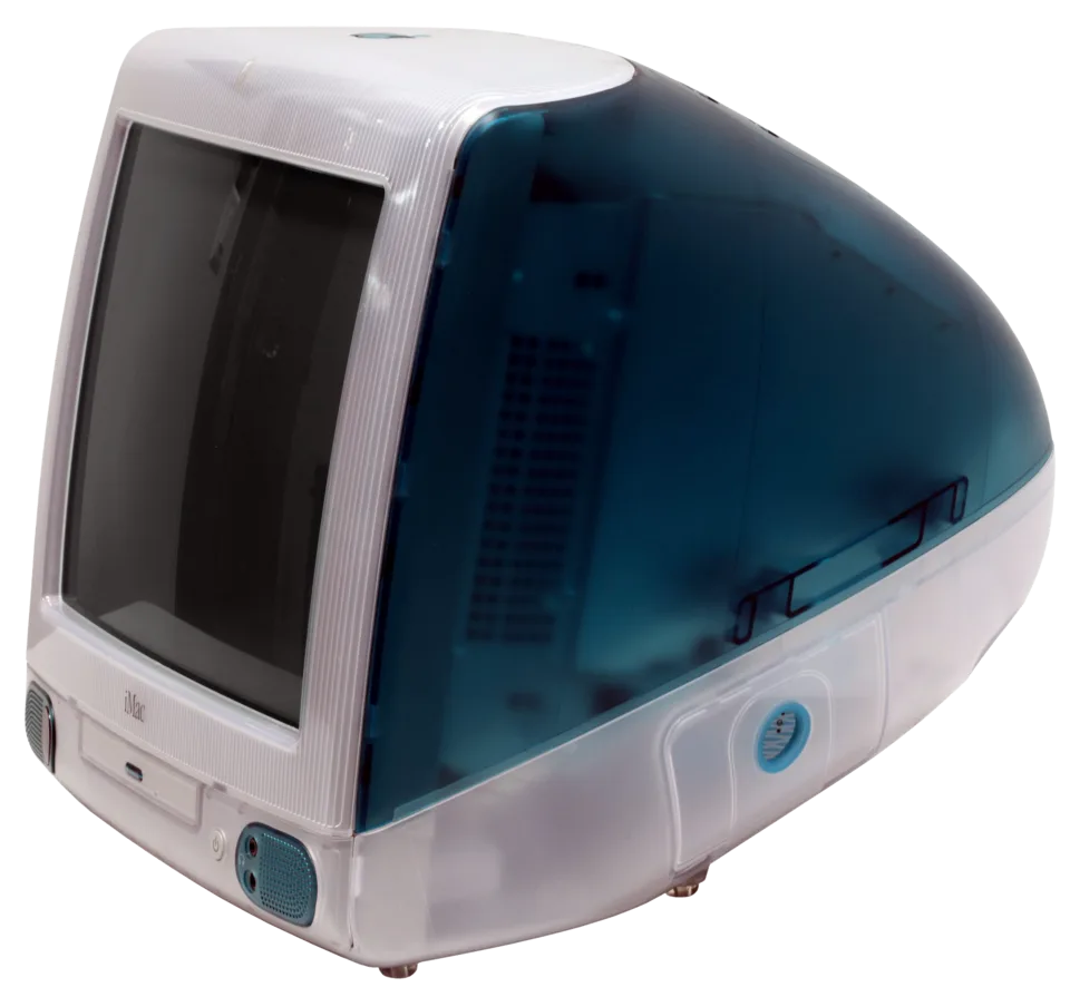 iMac G3 in Bondi Blue, three-quarter view