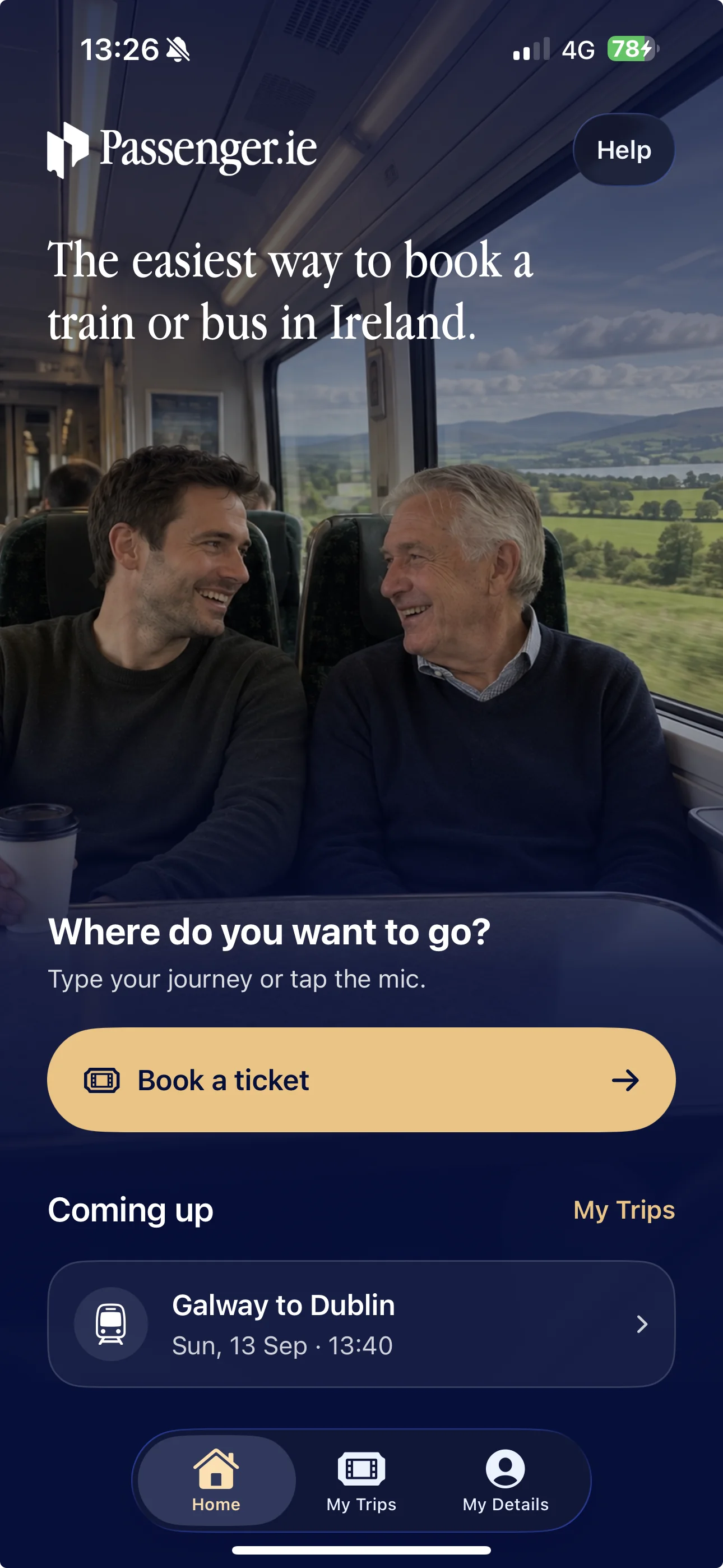 Passenger.ie home screen showing two passengers on a train and an upcoming Galway to Dublin journey