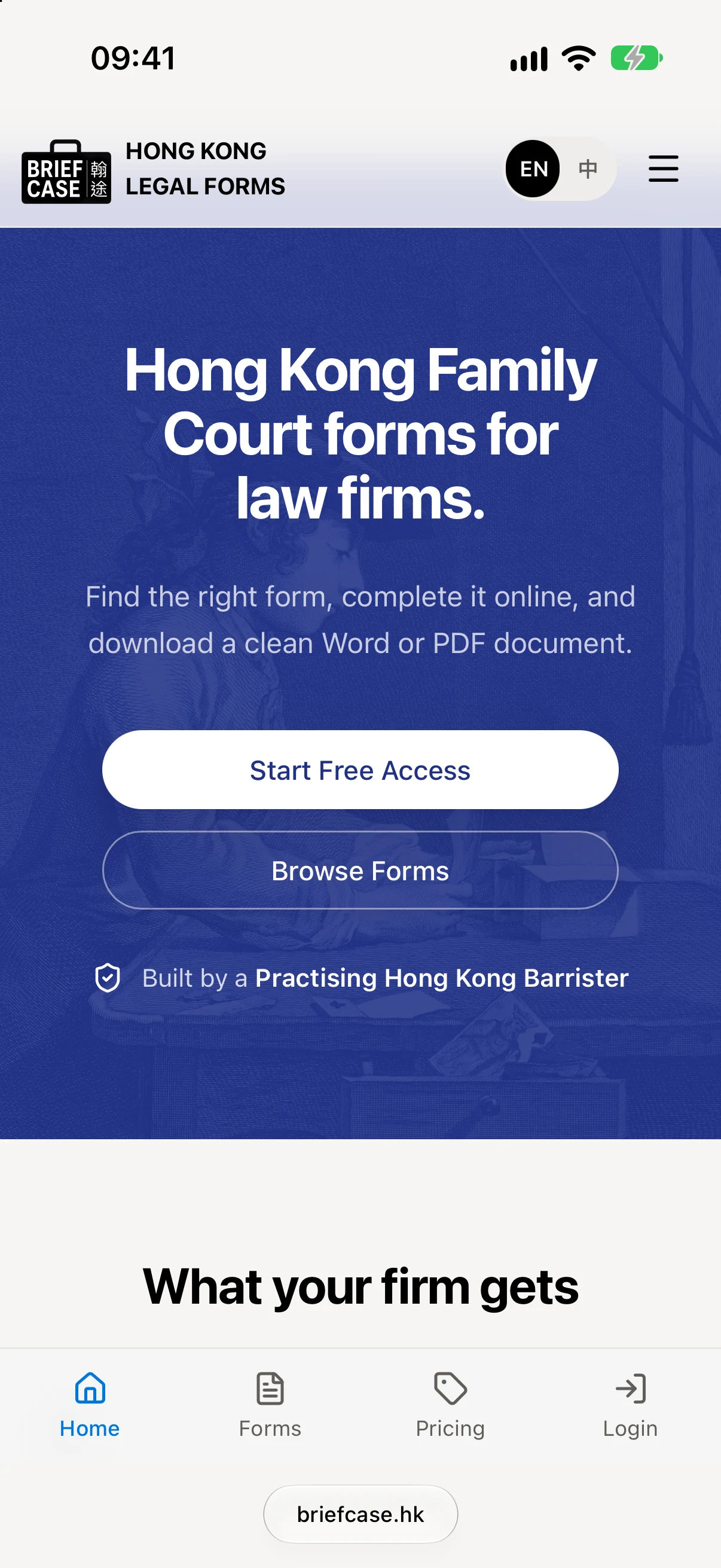 Briefcase website on mobile showing Hong Kong Family Court forms, Start Free Access and Browse Forms buttons, and the bottom navigation