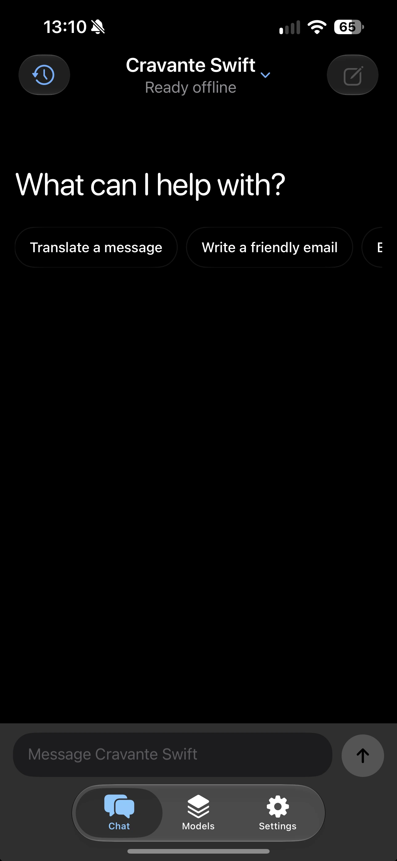 Cravante’s iPhone app showing Cravante Swift ready offline, suggested prompts, the message field, and Chat, Models and Settings tabs