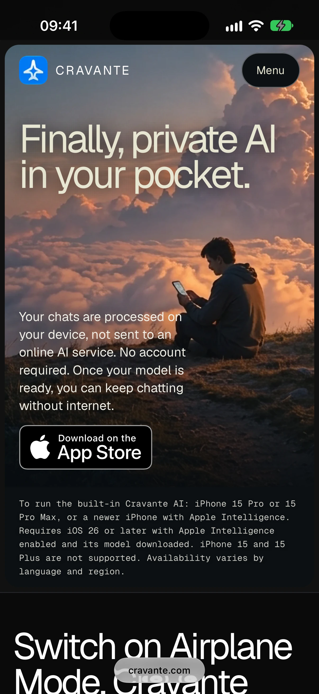 Cravante’s mobile website showing private AI for iPhone, its App Store download button and Safari browser controls