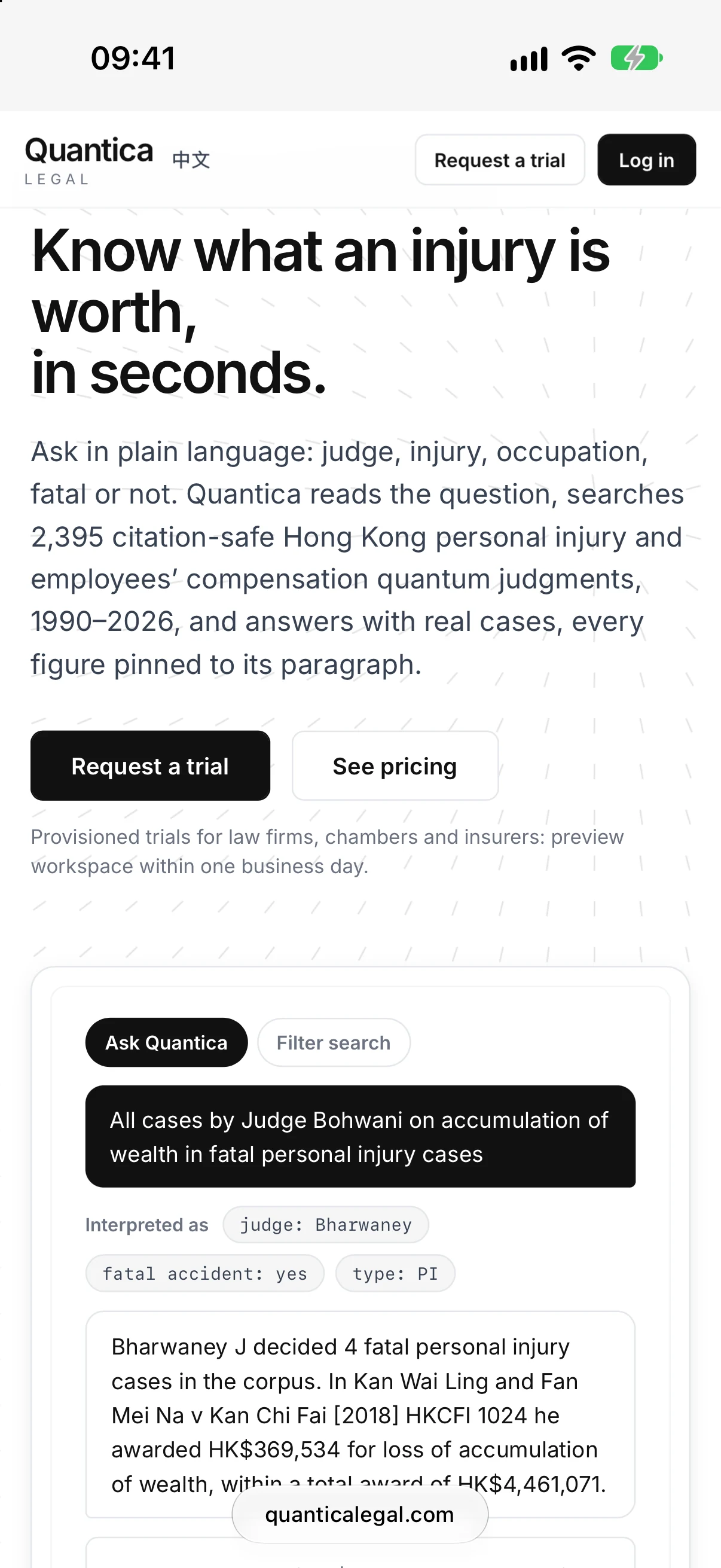 Quantica Legal website on mobile showing its personal injury research introduction and an Ask Quantica example with a cited judgment