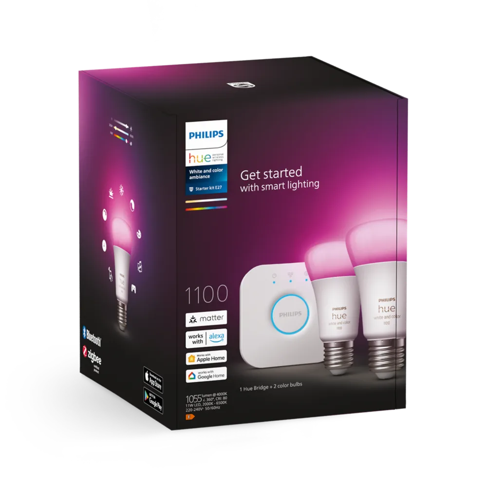 Philips Hue starter kit box with two bulbs and Hue Bridge
