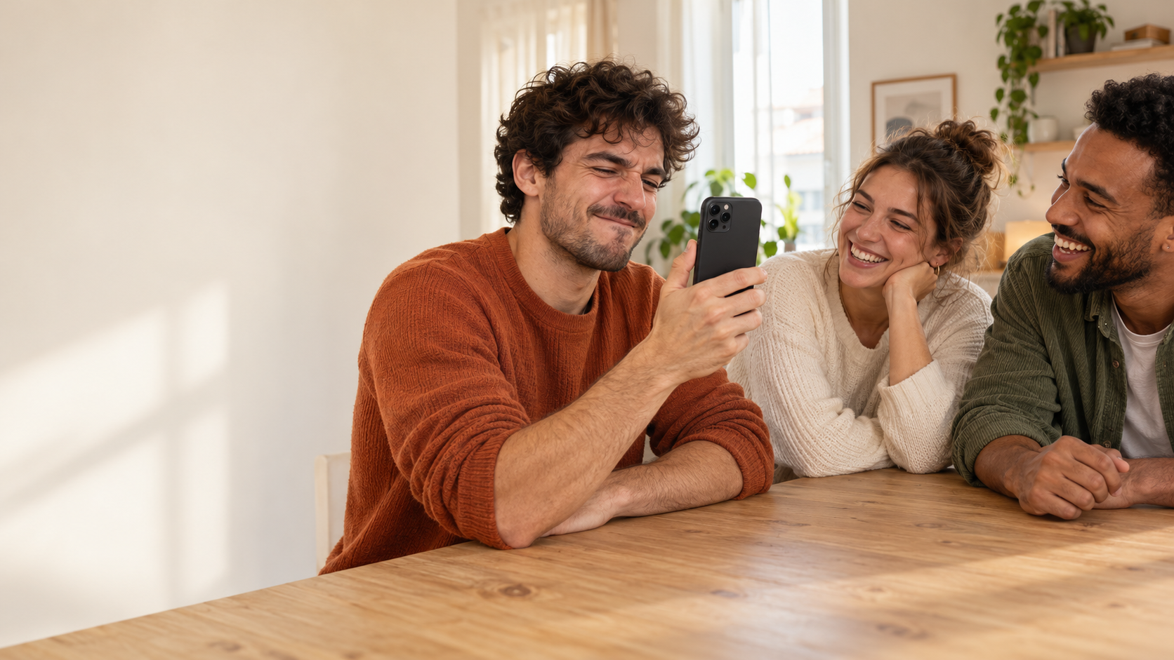 Illustrative scene of three friends laughing as one squeezes a phone.