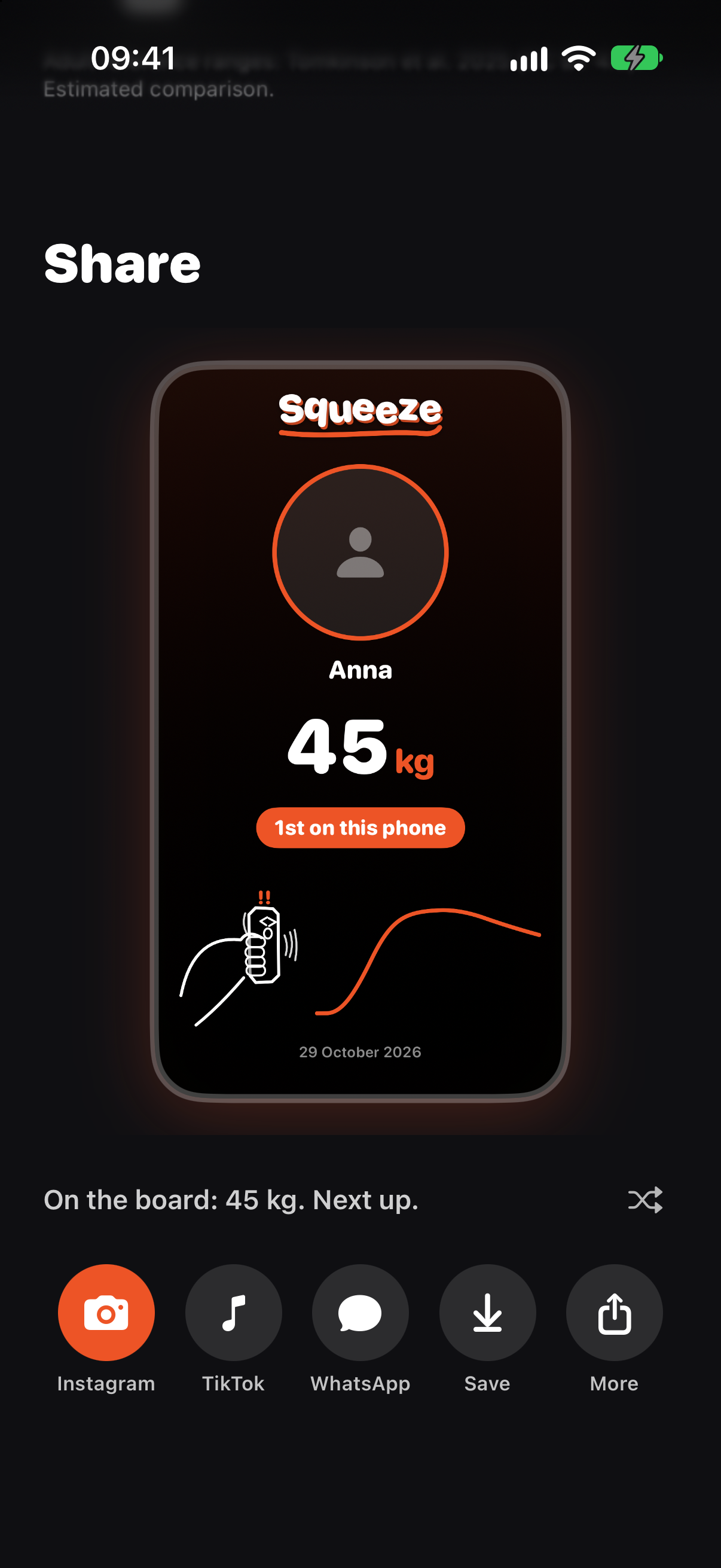 Squeeze sharing screen with a sample score card for Anna.